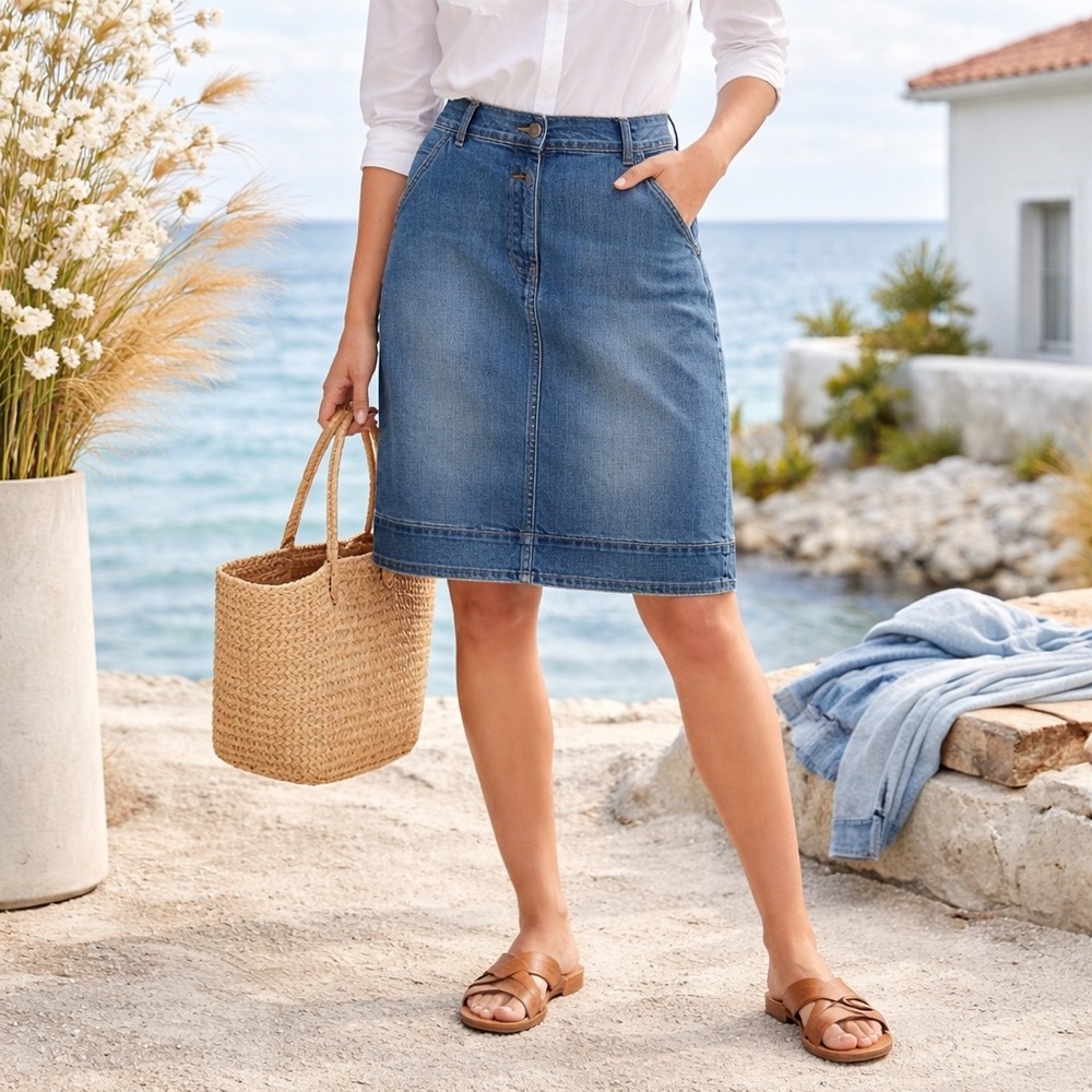 Talbots Classic Blue Denim Skirt Petite 6P | Zip Front Stretch | Spring Staple